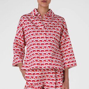 Akris Punto R/24 Off-White Cotton Satin Pelican Dot Printed Blouse